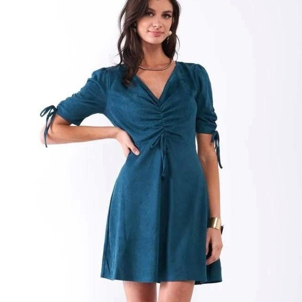 Sugar + Lips Faux Suede Mini Homecoming Dress Women M Teal Ruched Boho Holiday